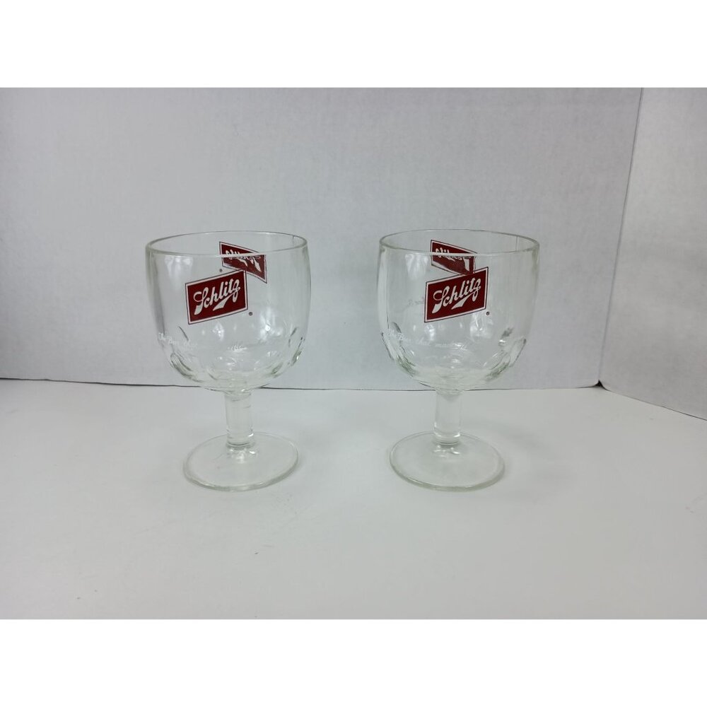 Schlitz Beer Glass Milwaukee Famous Thumbprint Stemmed Goblets Set Of 2 Vtg. - Picture 2 of 7